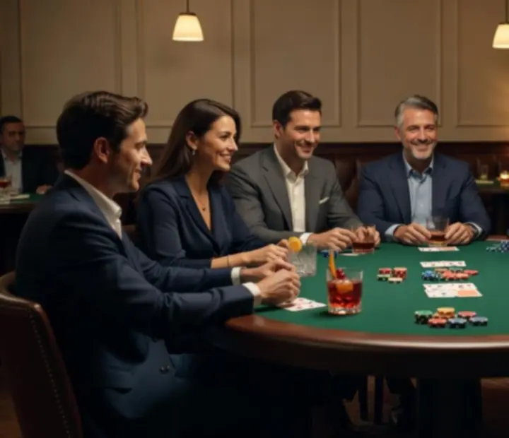 Atmosférický pokerový večer u zeleného stolu s kartami, žetony a drinky v restauraci Stůl u Nás