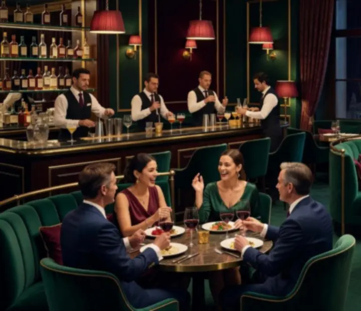 Večerní atmosféra v restauraci s drinky a pokerovým stolem