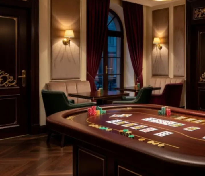 Stůl v restauraci se skleničkami a pokerovými kartami