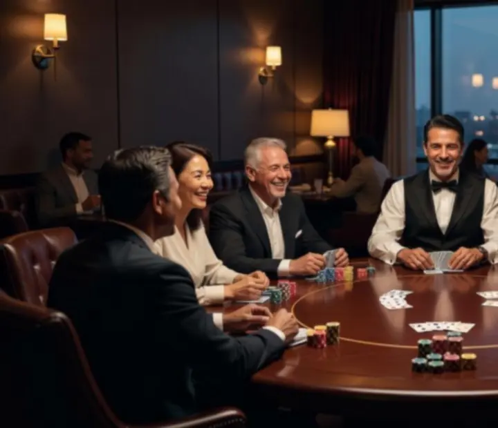 Hostovaný pokerový večer s dealerem a hráči u profesionálního pokerového stolu
