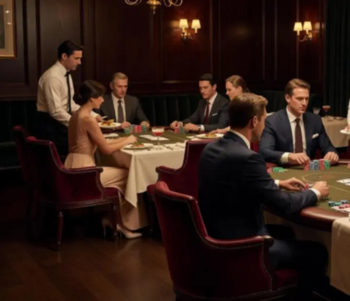 Pokerový večer u restaurančního stolu s kartami, žetony a koktejly