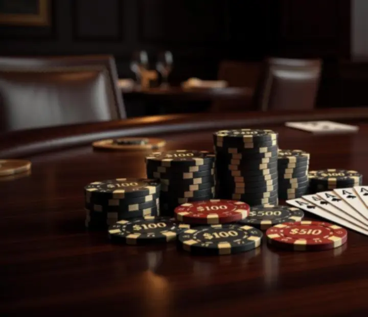 Pokerové žetony a karty připravené na zeleném plátně pokerového stolu.