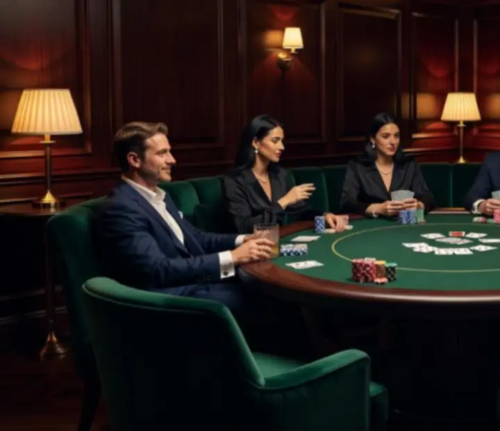 Karetní salonek s pokerovými stoly a tlumeným osvětlením