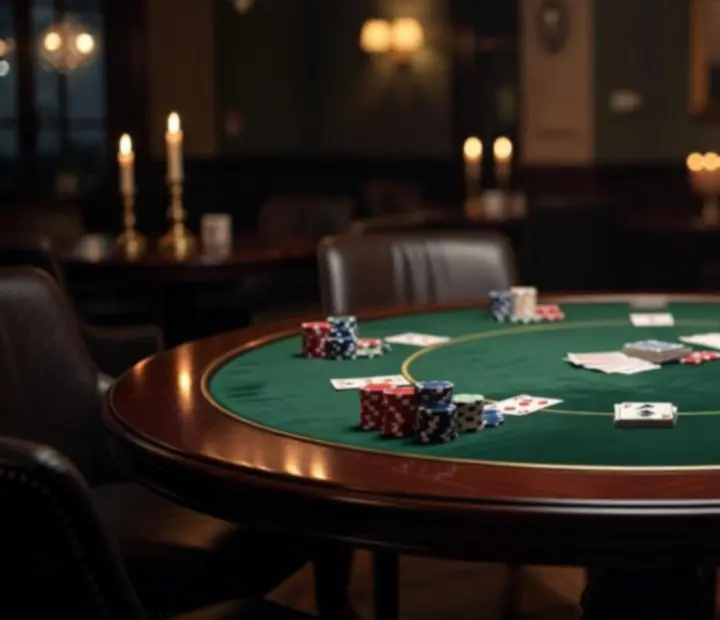 Detail pokerového stolu s plátnem, žetony a kartami ve Stůl u Nás