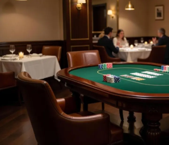 Pokerový stůl umístěný v restauraci se svíčkami a žetony