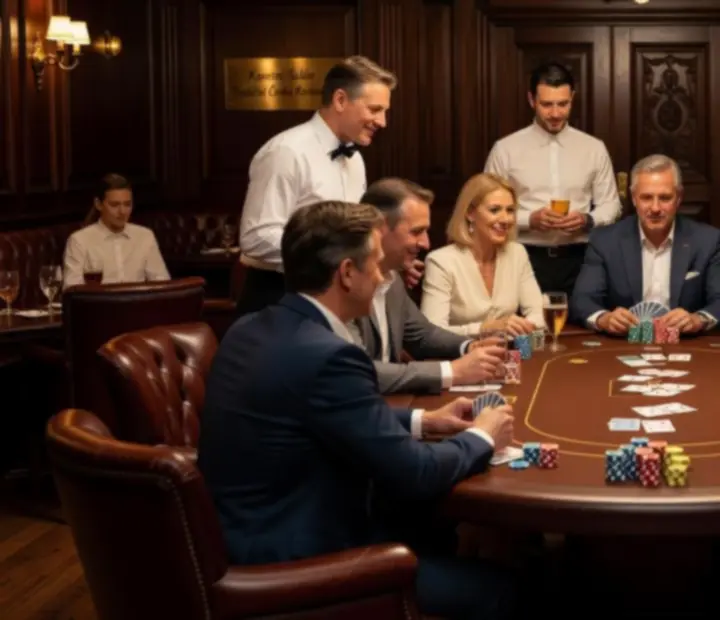 Pokerový večer v karetním salonku se skupinou hostů u stolu