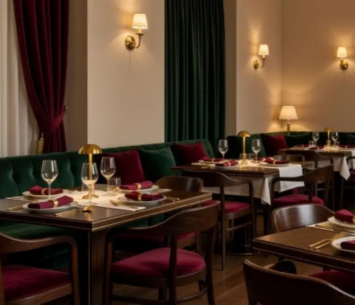 Interiér restaurace se stolky a karetní zónou