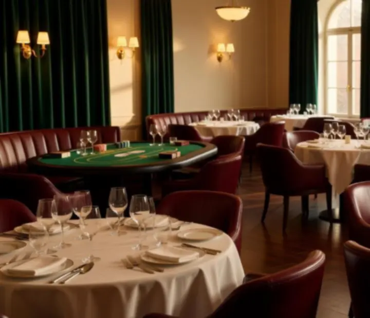 Rezervovaný stůl s kartami, žetony a sklenkami v restauraci Stůl u Nás