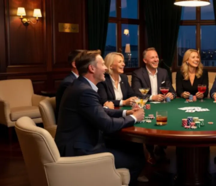 Večerní atmosféra pokerového stolu s kartami a žetony v restauraci