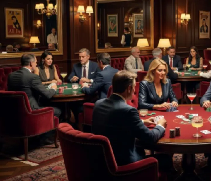 Večerní atmosféra karetního salonku s tlumeným osvětlením a pokerovým stolem.